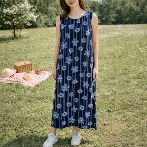 Sag Harbor Vintage 90's Mom Navy Blue Floral Maxi Summer Picnic Dress Size Large